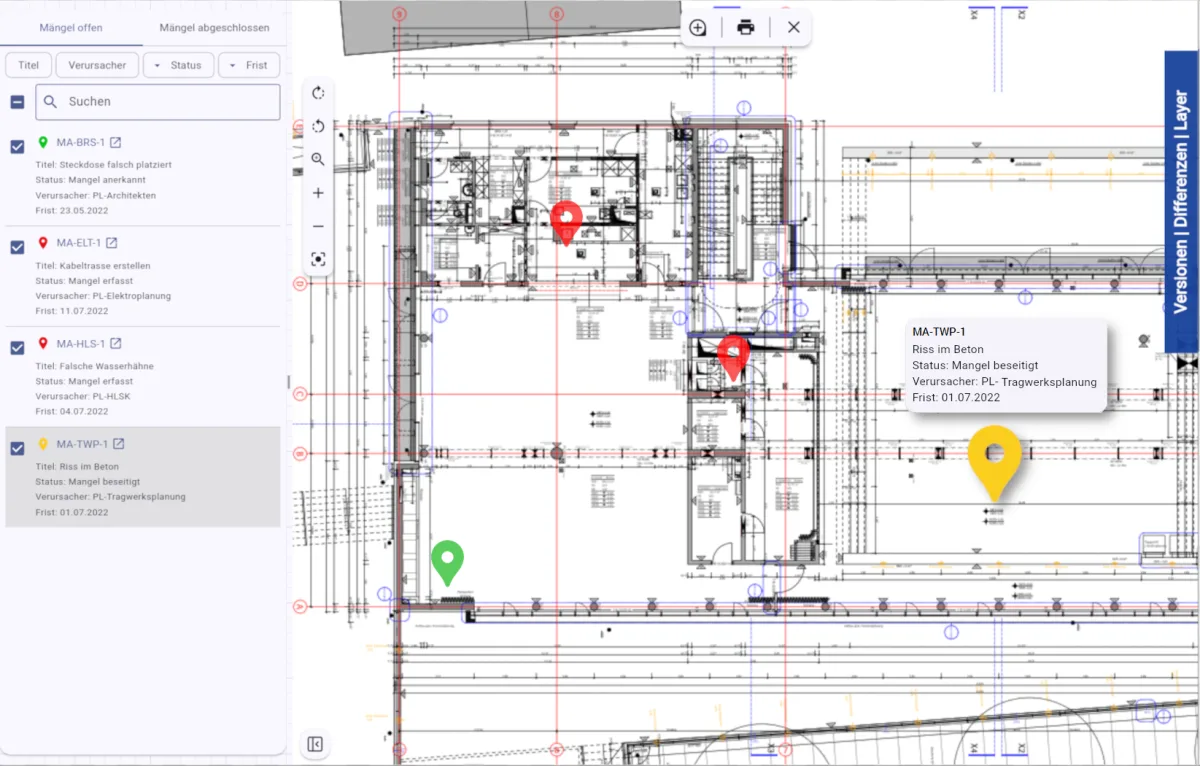 winplan 2D-Viewer mit Mängelliste und farbigen Mängel-Pins im Grundriss