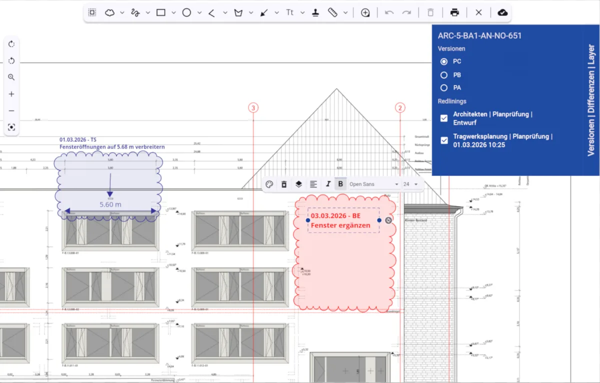 winplan 2D-Viewer mit Redlining-Werkzeugen und zwei Prüfhinweisen als Wolken im Plan