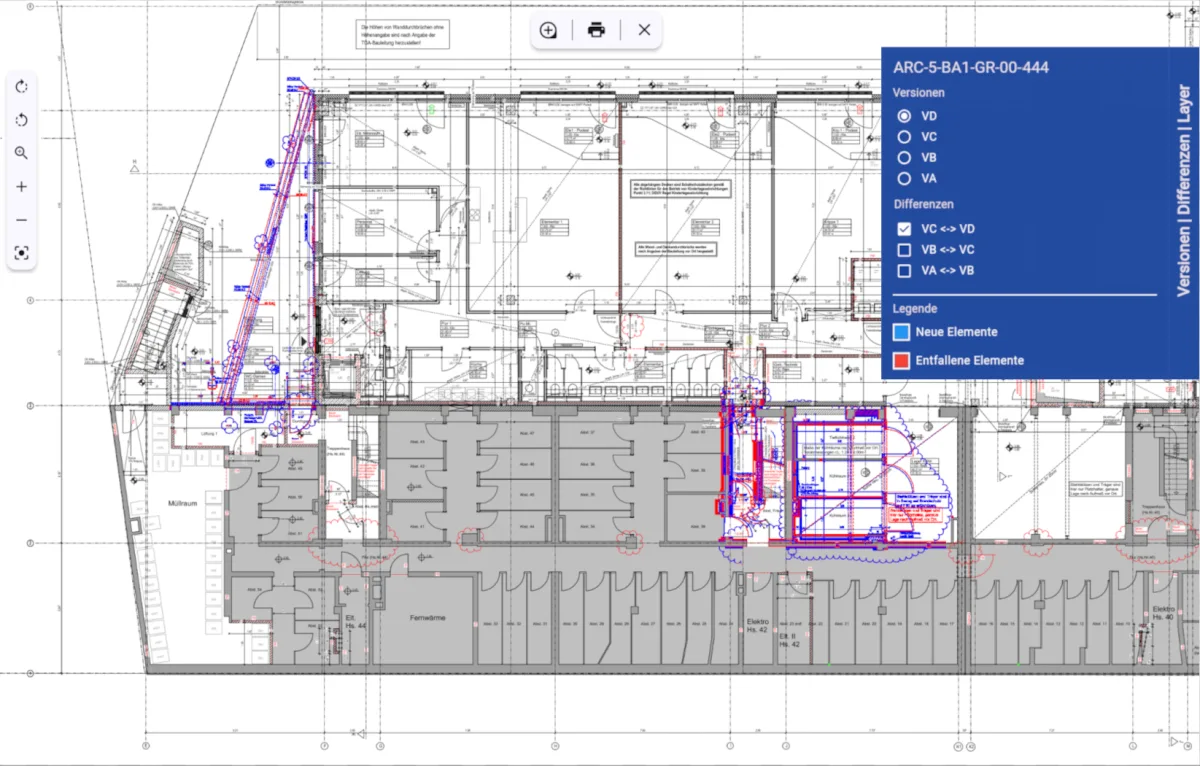 winplan 2D-Viewer mit Versionsvergleich: neue Elemente blau, entfallene Elemente rot markiert