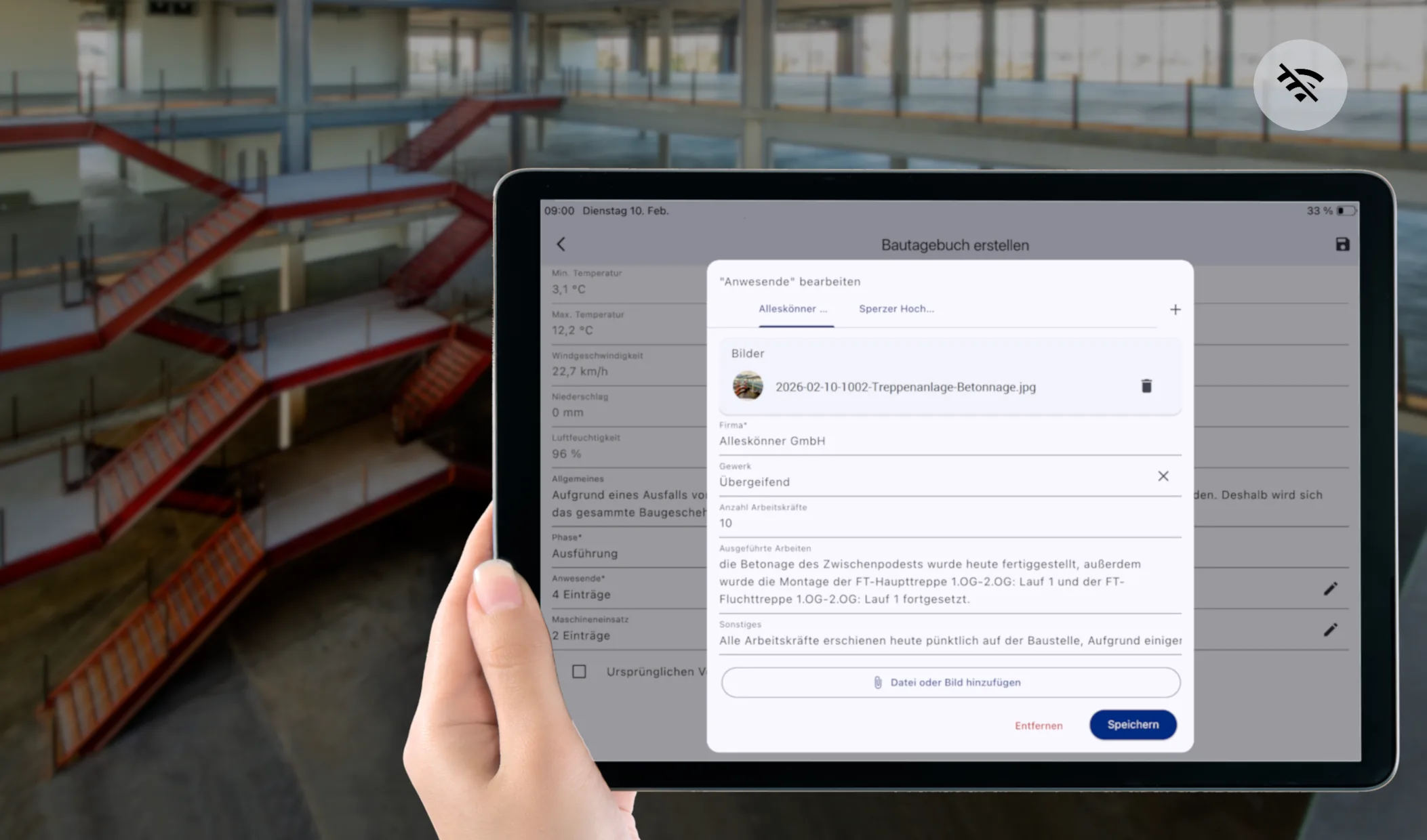 winplan App auf dem Tablet auf der Baustelle: Bautagebuch-Eintrag ohne Internetverbindung