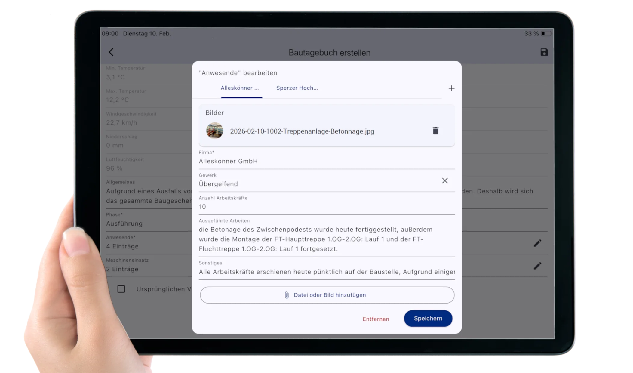 Bautagebuch-Eintrag in der winplan App auf einem Tablet: Anwesende, Gewerk, Arbeitskräfte und ausgeführte Arbeiten