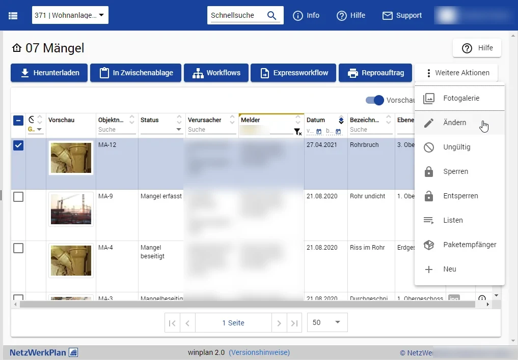 winplan 2.0 Mängelliste mit Fotos, Status, Verursacher und Melder