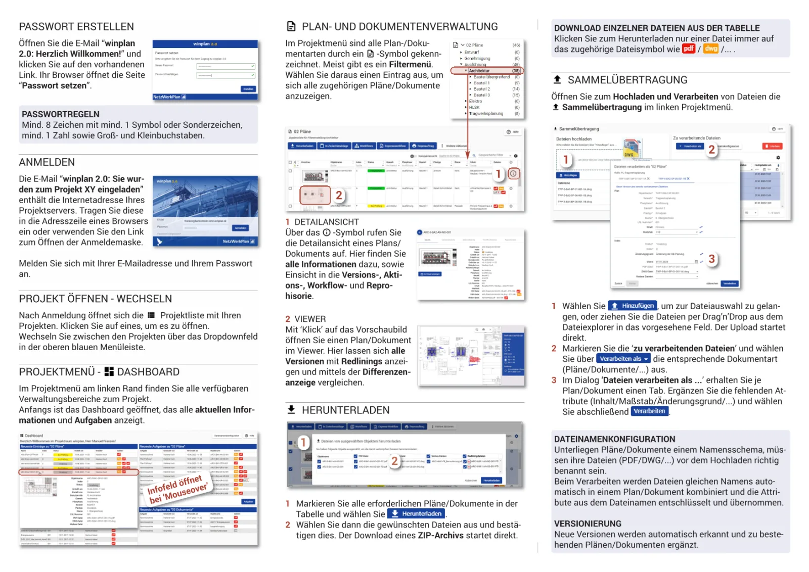 winplan 2.0 Schnelleinstieg, Seite 1: Passwort erstellen, Anmelden, Projekt öffnen, Dashboard, Plan- und Dokumentenverwaltung, Herunterladen und Sammelübertragung